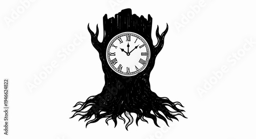 A spooky, gothic tree stump with roots and branches, featuring a clock face