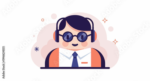 A smiling cartoon person wearing headphones and glasses, dressed in a white shirt