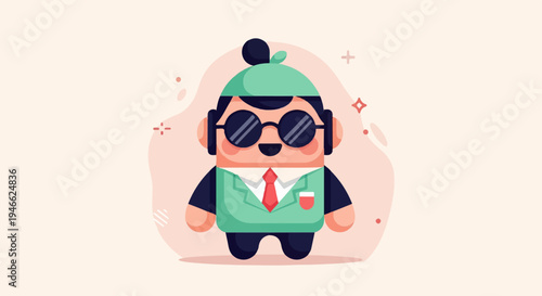 A smiling cartoon person wearing a green suit, sunglasses, and red tie