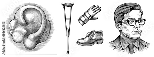 Classic engraved medical human ear, crutch, wrist cast, shoe, bespectacled man. Vintage art, halftone shading, anatomical precision, historical healthcare symbols.