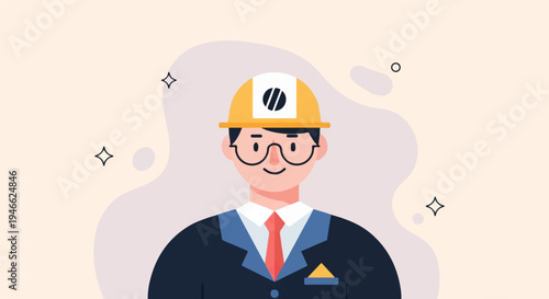 A smiling character in a hard hat and suit, with abstract background shapes