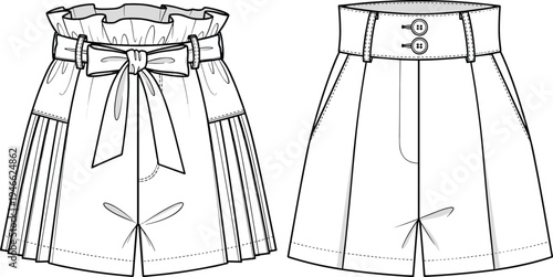 Technical Fashion Sketch of Women High Waisted Shorts Featuring Paperbag Waist Design with Belt and Pleated Front Details for Apparel Manufacturing