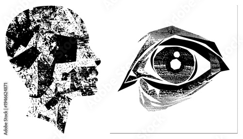 Abstract graphic of human head silhouette facing eye, halftone, vector art, symbolic vision and perception motif.