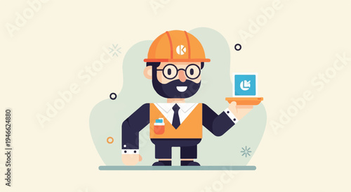 A smiling engineer in an orange hard hat holds a tray with a laptop