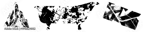 Stylized mountain peak, fragmented USA map, angular arrow all in bold black and white halftone texture, vector graphic with isolated shapes and gritty aesthetic.
