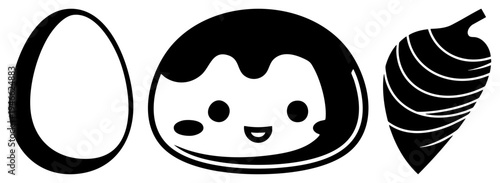 Black and white stylized egg, smiling face mascot, swirled ice cream cone, minimalist, flat design, graphic elements, food illustrations.