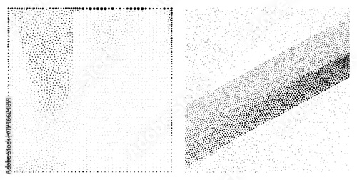 Vector halftone graphic using dot density for shading, isolated geometric shapes, black and white gradient, stylized abstract design, digital art element.