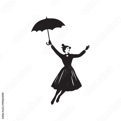 Elegant Woman Flying With Umbrella Silhouette Inspired Fantasy Classic Story Character Illustration.