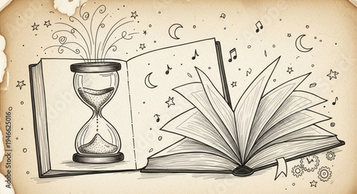 Open book with hourglass and musical notes illustration.