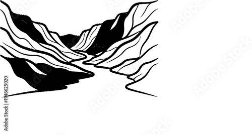 A stark, black and white sketch depicts a winding river flowing through a rugged mountain pass