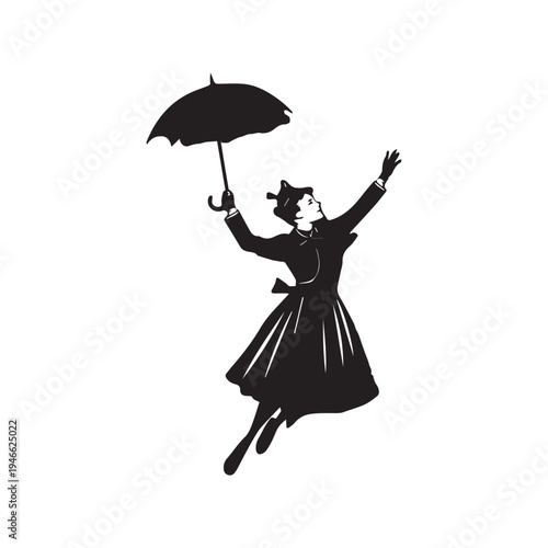 Elegant Woman Flying With Umbrella Silhouette Inspired Fantasy Classic Story Character Illustration.