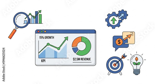 Business growth and financial analysis concepts with charts and icons.