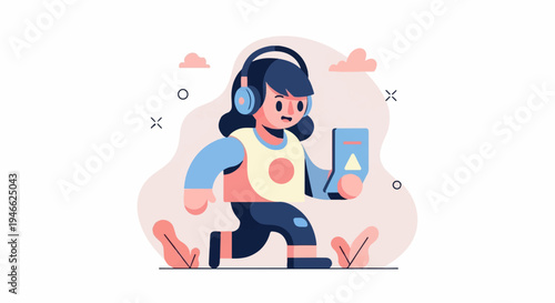 A stylized cartoon character with headphones runs while holding a device
