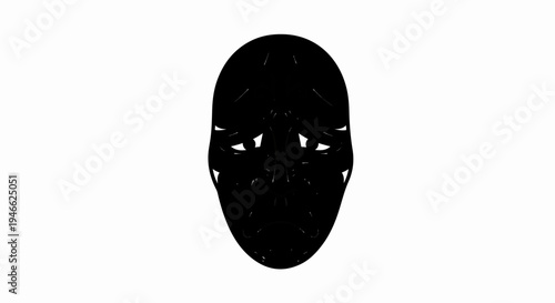 A stark black outline of a sad face on a white background
