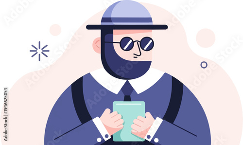 A stylized cartoon man in a blue suit and hat holds a light blue tablet device