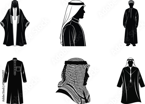 Traditional arabic clothing silhouettes: dishdasha, ghutra, agal