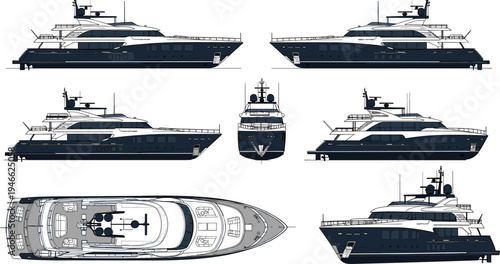 Luxury Modern Superyacht Technical Illustration Set Featuring Detailed Side Profile Top View and Bow Elevation Blueprints for Marine Engineering and Design