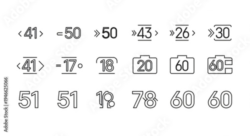 Collection of numbers and camera icons in outline style.