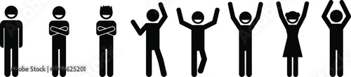 Black and white stick figure silhouette set featuring diverse people in happy poses, cheering, celebrating, and standing with arms raised.