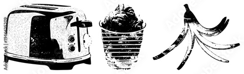 Retro kitchen appliances and food items rendered in halftone dot, vector cutout style, isolated objects, black and white illustration.
