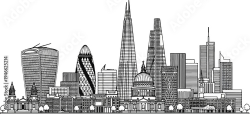 A striking black and white illustration of a bustling cityscape filled with diverse architectural styles