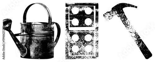 Classic gardening tools and construction hardware rendered in halftone dots, isolated vector graphics, rustic utility items, DIY workshop essentials, black and white stencil art.