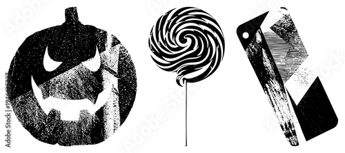Vintage halftone Halloween pumpkin, candy lollipop, spray paint can graphic design elements for seasonal projects, retro aesthetic, black and white vector art.
