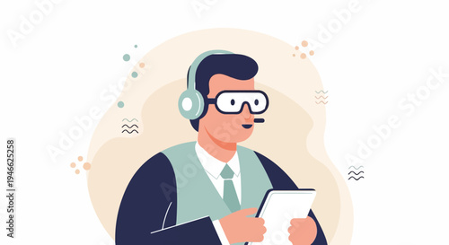 A person with headphones and glasses holds a tablet and looks attentive