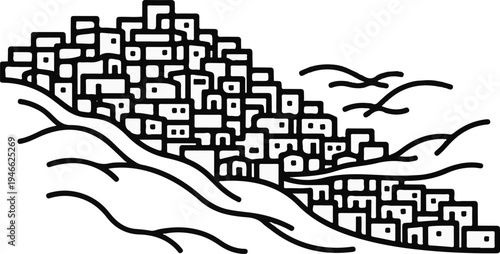 A stylized, minimalist depiction of densely packed buildings on a hillside