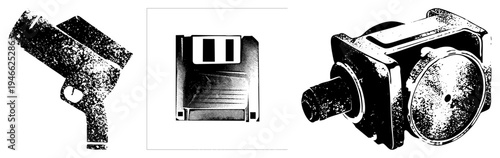 Retro tech items including floppy disk, handgun, and camera gear rendered in halftone, vector flat style, isolated foreground elements.