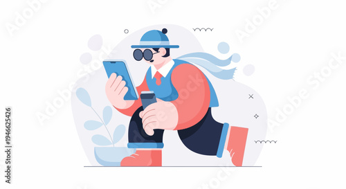 A stylish figure in a hat and scarf uses a phone and cup outdoors