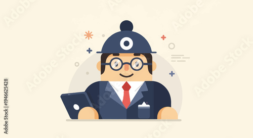 A stylized cartoon person in a suit, hat, and glasses holds a tablet