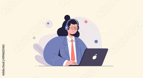 A person wearing headphones and glasses works on a laptop
