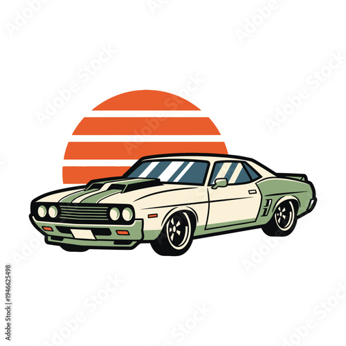 Classic muscle car vintage illustration with retro sunset background vector graphic design of american sports car for automotive enthusiast apparel and garage poster art decoration
