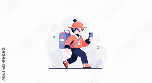 A person with a backpack holding a phone, walking outdoors with simple leaf graphics