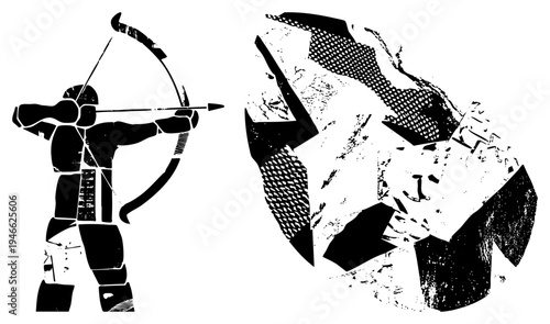 Black silhouette aiming bow, stylized lion head with halftone texture, graphic design elements, vector art, bold shapes, isolated foreground, illustration.