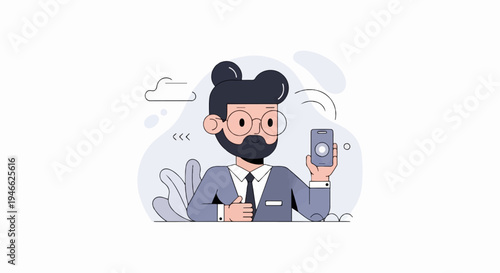 A stylish man with a beard and glasses holds up a modern device