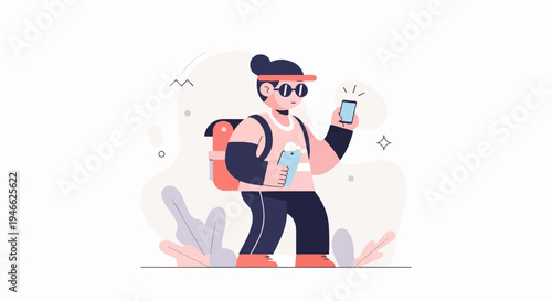 A person with a backpack holds two phones, looking at one