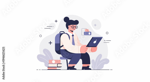 A person with a backpack sits on a chair, using a tablet