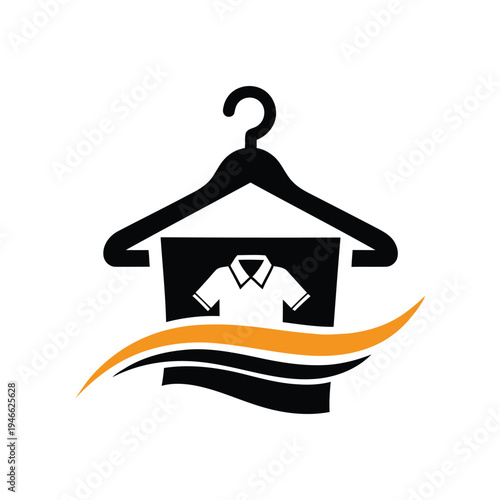 Dry cleaning service laundry hanger with shirt icon and orange wave abstract logo for clothing business clean garment symbol graphic design vector