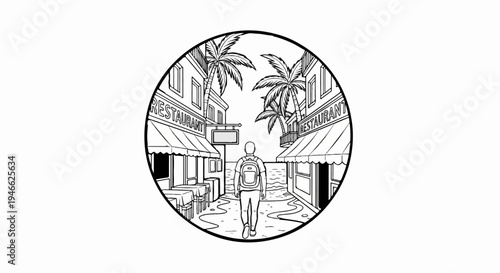 A person with a backpack walks toward the ocean between two restaurants