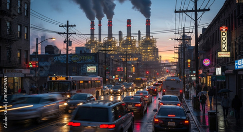Industrial Landscape - Smokestacks Over City Street at Dusk.