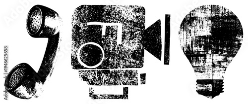 Retro telephone receiver, film camera, and lightbulb rendered in distressed halftone texture, classic communication symbols, analog era, vintage graphic design.