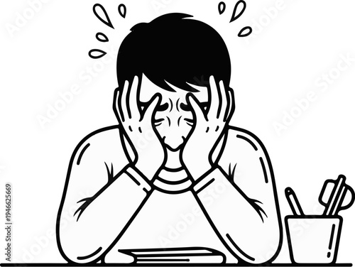 A person with their hands on their head, looking stressed