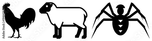 Black of rooster, sheep, and spider in minimalist style, isolated vector graphics, flat design, animal symbols, farm and arachnid motifs.