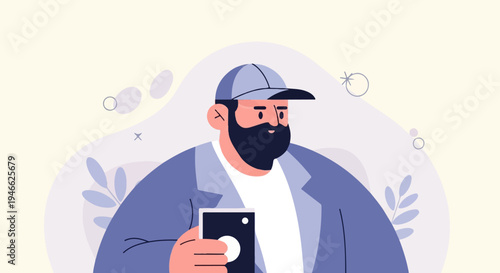 A person with a beard and a cap holds a phone, illustrated style