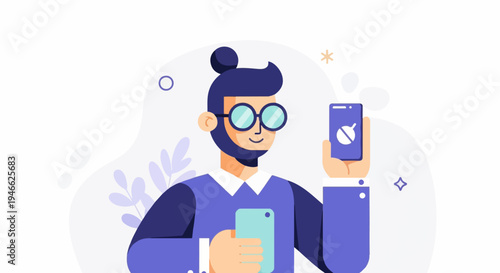 A person with round glasses holds two phones, one showing an icon