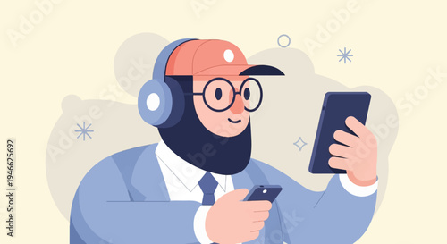 A person with a beard, glasses, and headphones holds two phones