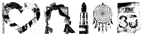 Distressed black and white vector including heart, bow, lipstick, dreamcatcher, and date stamp, ideal for vintage or edgy designs.