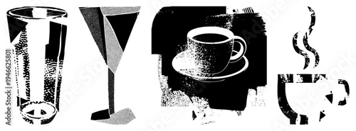 Graphic vector of drink vessels and, halftone textured,, stylized beverage symbols, isolated flat design elements.